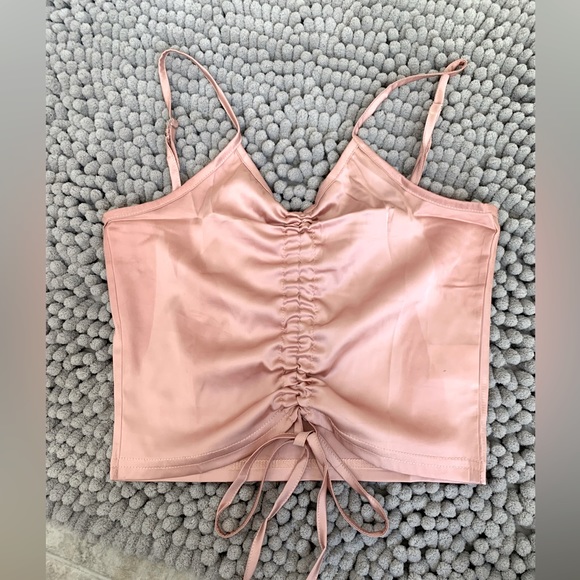 Light pink satin cinch front spaghetti strap crop top - Picture 1 of 2